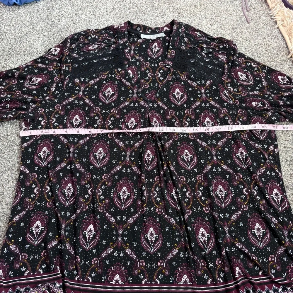 Daniel Rainn Blouse Women XL Black Burgundy Paisley Lace Trim Boho Top